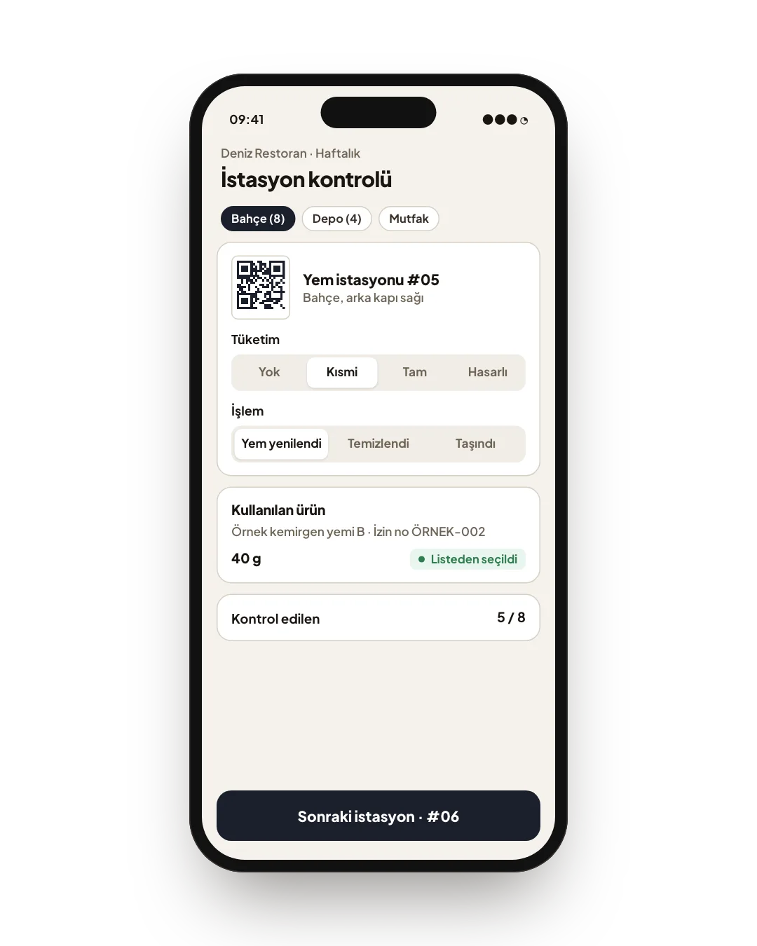 Servisim ekranı: QR etiketli yem istasyonu
