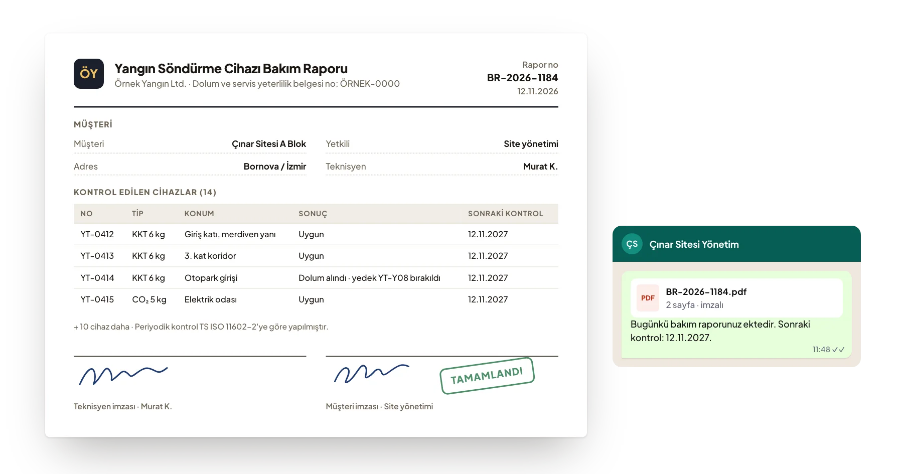 Servisim ekranı: Cihaz listesi, sonuç ve sonraki tarih